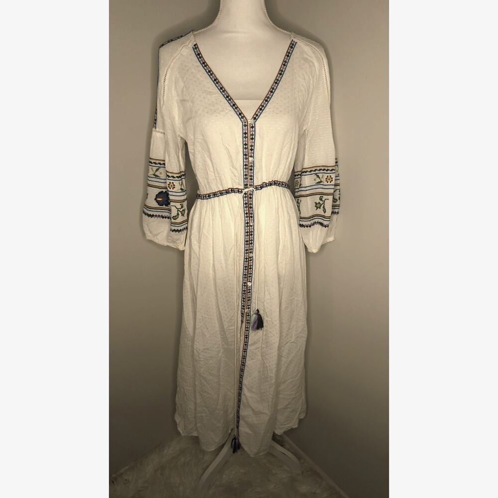 Zara TRF Embroidered Maxi Dress Medium Boho Peasant Tassel